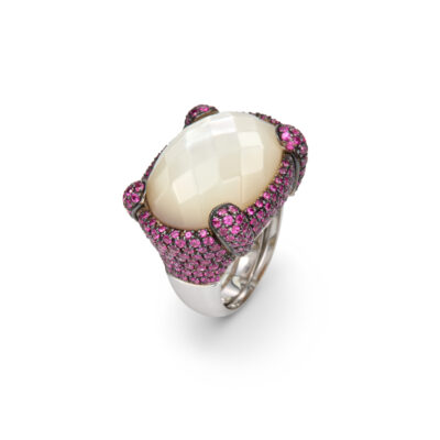 Mother of Pearl and Quartz Oval Gold Ring with Pink Sapphires
