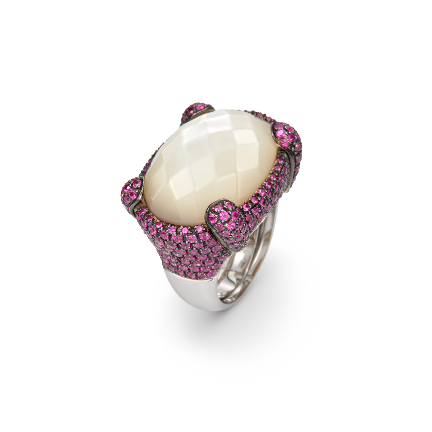 Mother of Pearl and Quartz Oval Gold Ring with Pink Sapphires