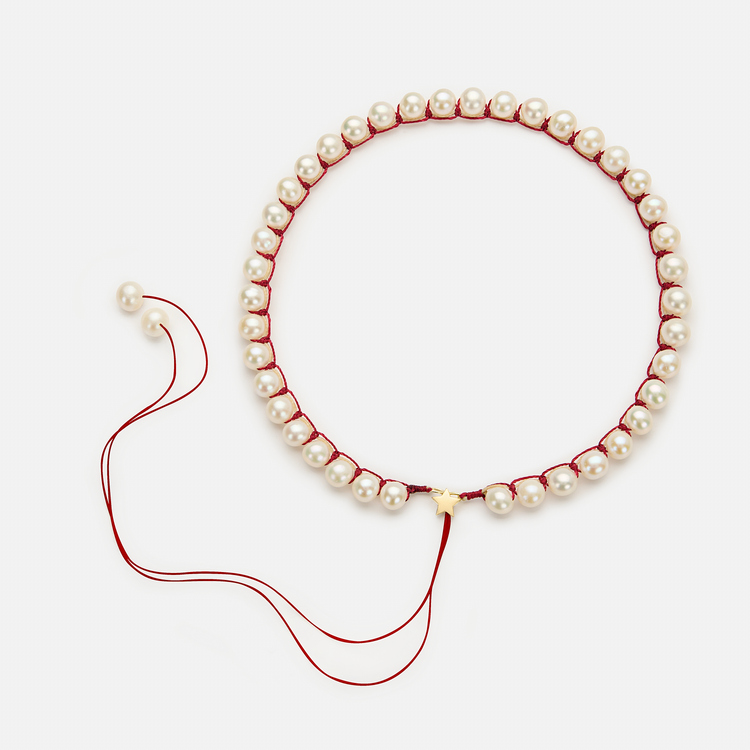 Embroidered Large Star “heartbeat” necklace with pearls 8-8.5mm