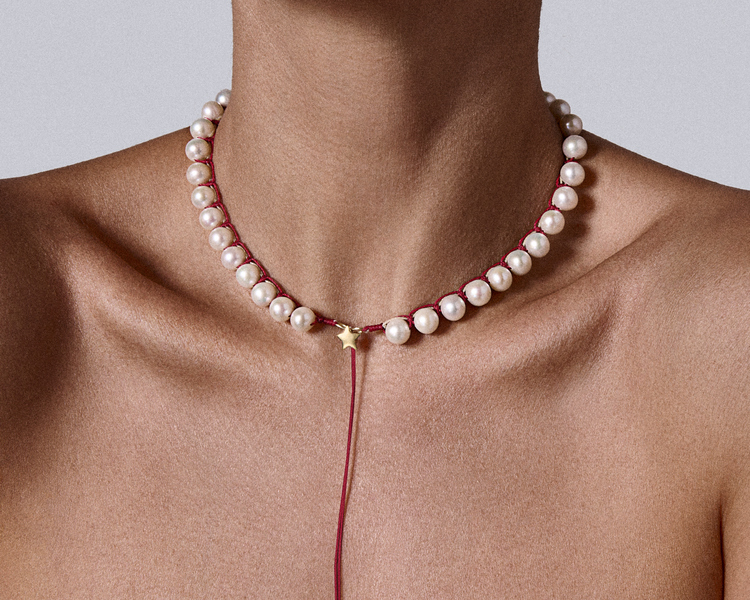 Embroidered Large Star “heartbeat” necklace with pearls 8-8.5mm - Image 2