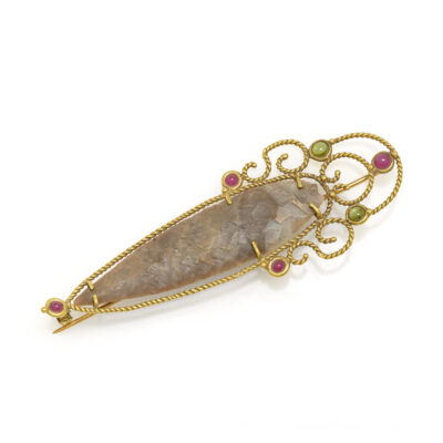 Gold Brooch with Unprocessed Found Agate and Tourmalines