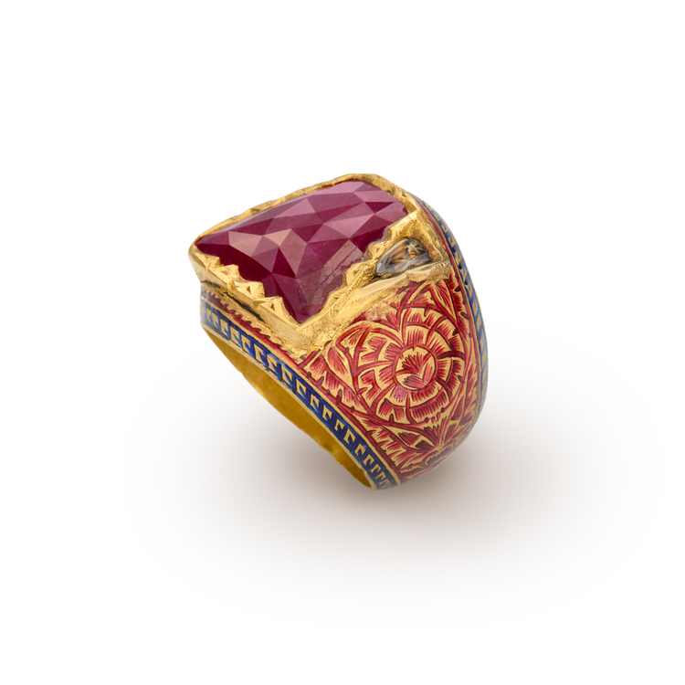 Antique Enamel Painted Gold Ring with ruby & diamonds - Image 2