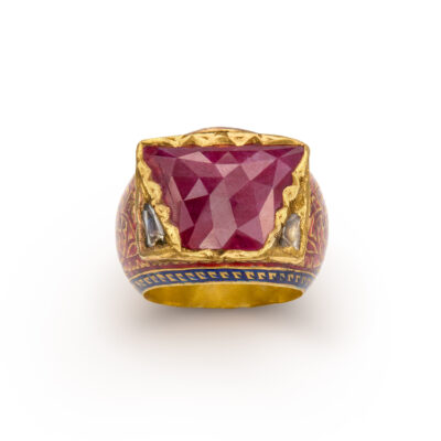 Antique Enamel Painted Gold Ring with ruby & diamonds