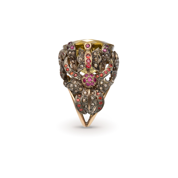 Antique Lemon Quartz Gold Ring with rubies, sapphires & diamonds - Image 3