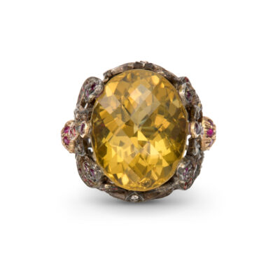 Antique Lemon Quartz Gold Ring with rubies, sapphires & diamonds