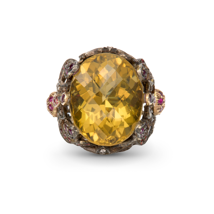 Antique Lemon Quartz Gold Ring with rubies, sapphires & diamonds