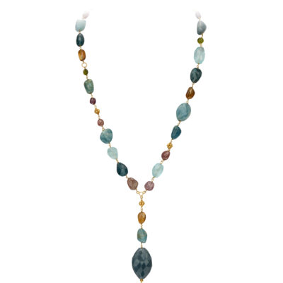 Multi Semiprecious stone Y Gold necklace with a large Labradorite