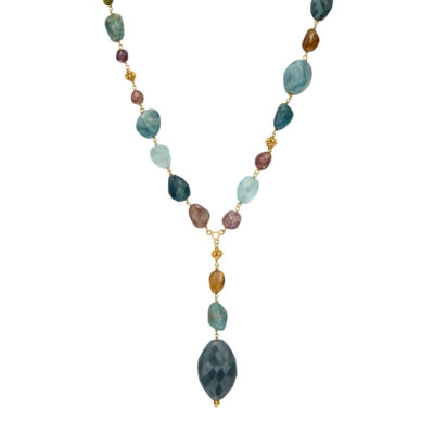 Multi Semiprecious stone Y Gold necklace with a large Labradorite