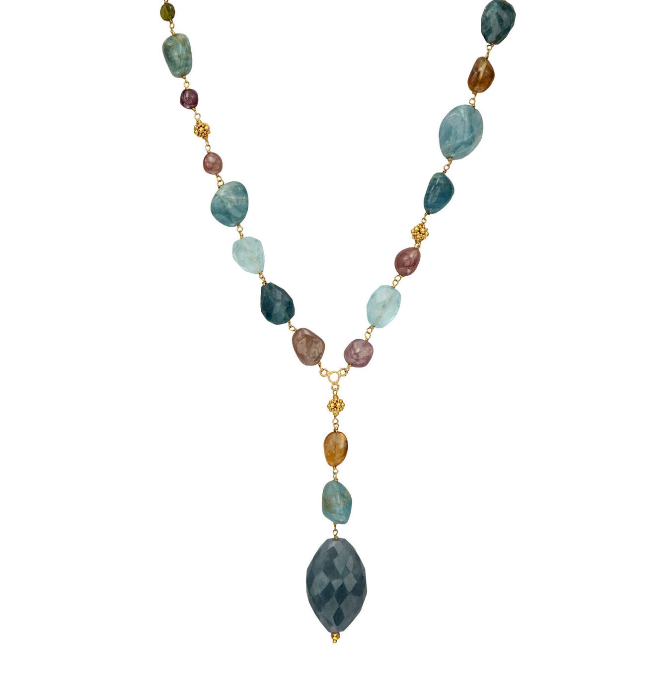 Multi Semiprecious stone Y Gold necklace with a large Labradorite